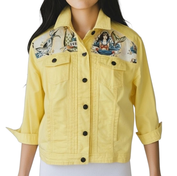 Handmade Forget Me Knot Mermaid Tattoo Flash Jacket in Yellow and Blue Sz XL NWT - Picture 2 of 11